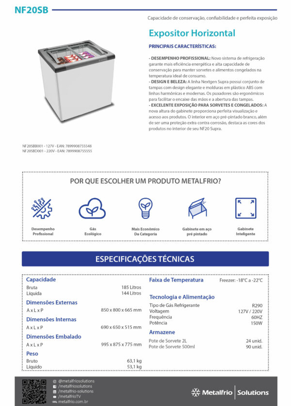 Freezer Expositor Horizontal para Sorvetes e Congelados - 185L