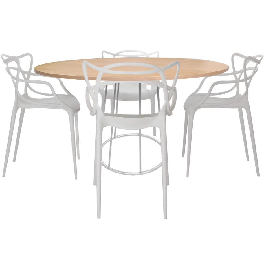 kit mesa catarina redonda base branca e tampo em madeira