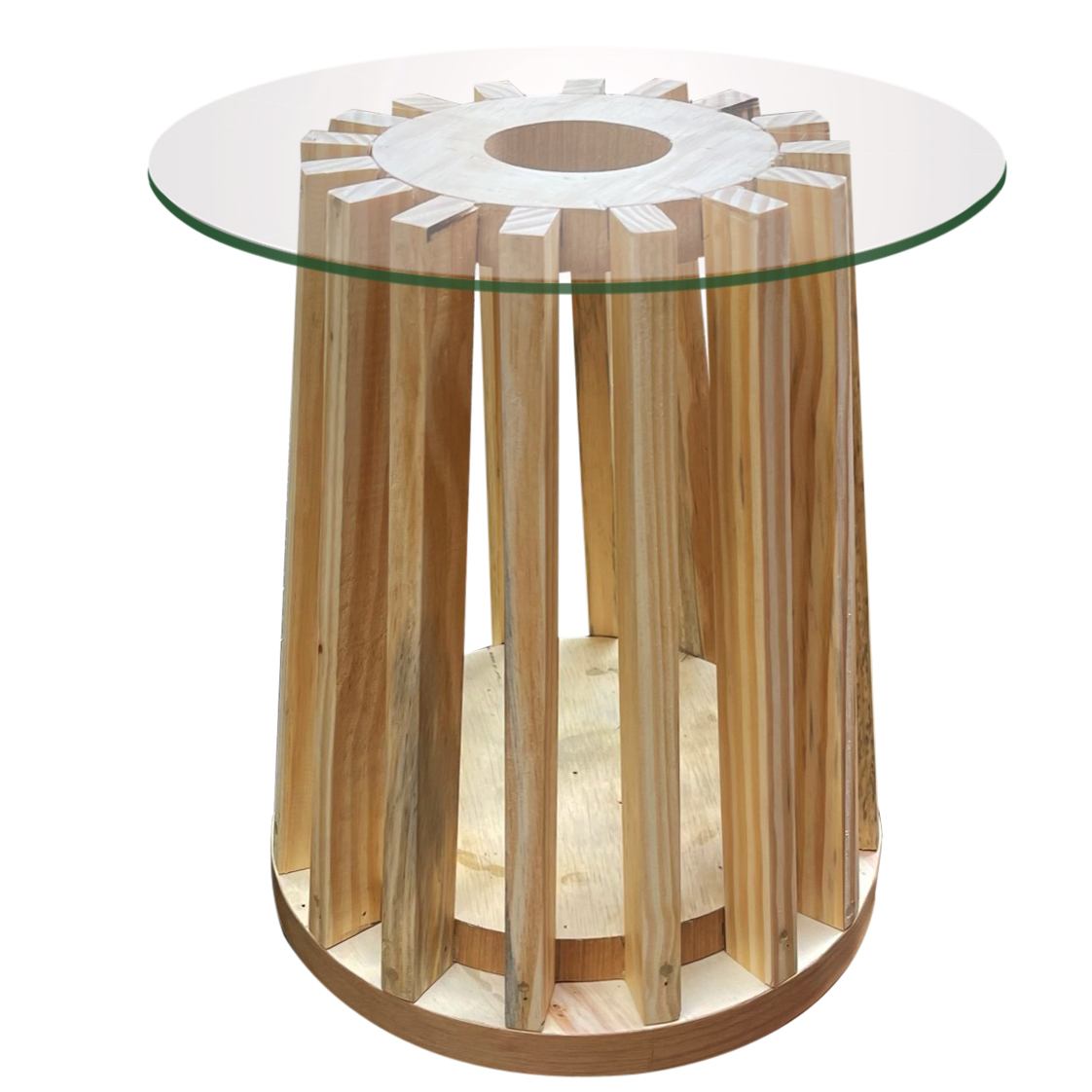 mesa de canto ripado com tampo em vidro