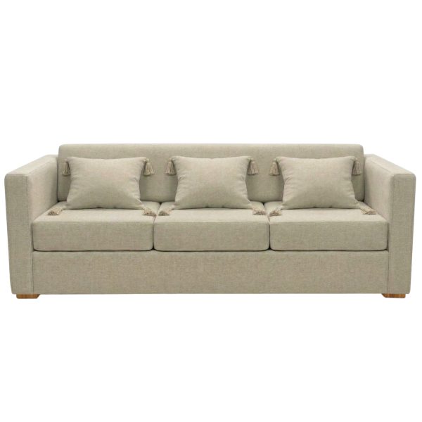 sofa coimbra 3l linho cru com almofada tassel e pe de madeira